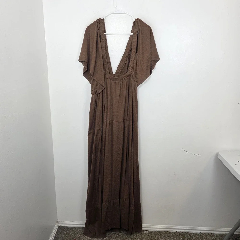 Free People Brown Maxi Dress with Deep V Neck